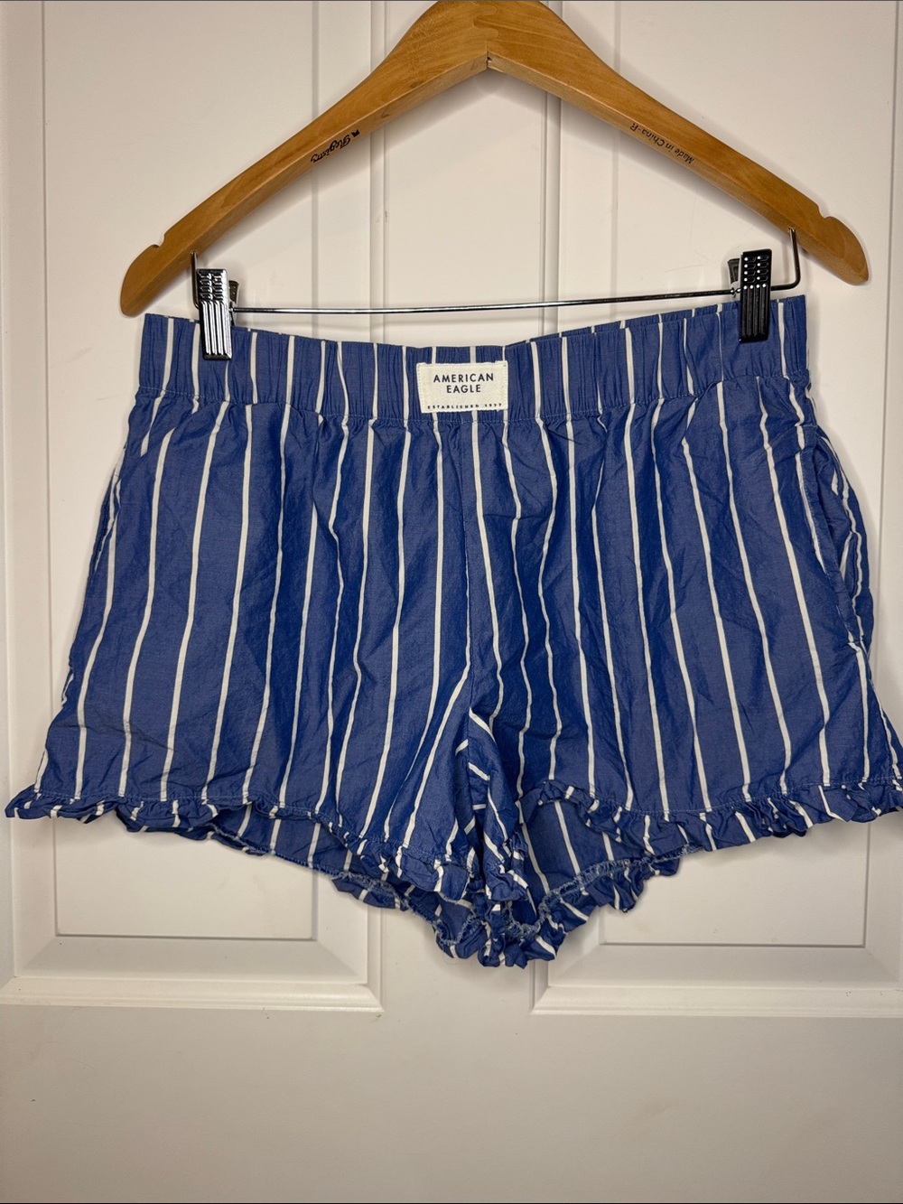 American Eagle Outfitters Blue and White Striped High Waist Ruffle Shorts